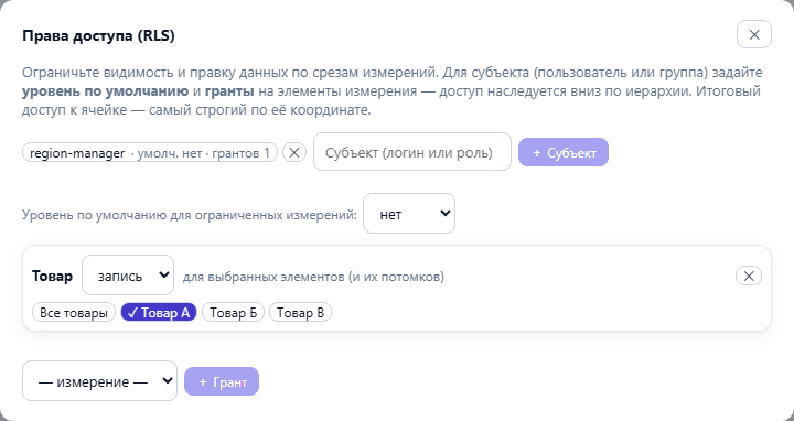 Редактор прав доступа по срезам (RLS)